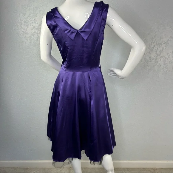 H & R London Purple Satin Retro Pin Up Style Fit Flare Tea Length Dress US 6 - Picture 5 of 15
